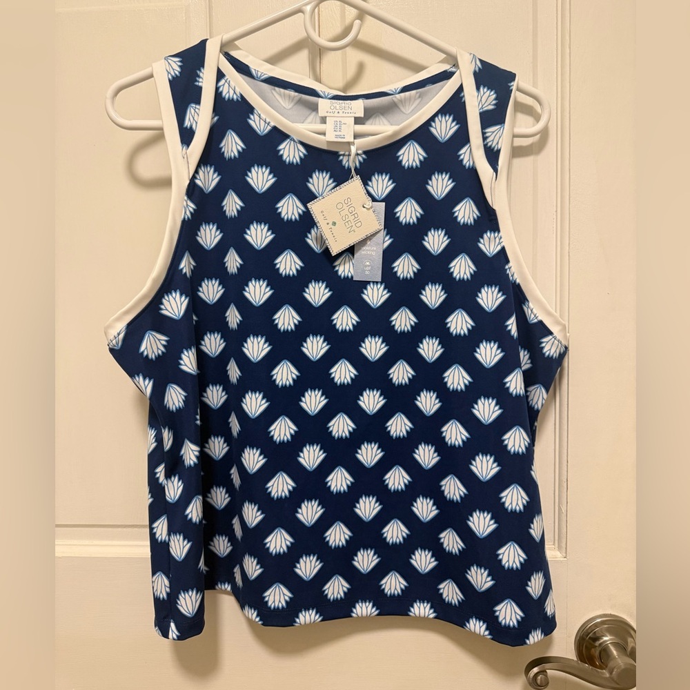NWT Sigrid Olsen Golf and Tennis Blue and White Patterned Tank Top XL